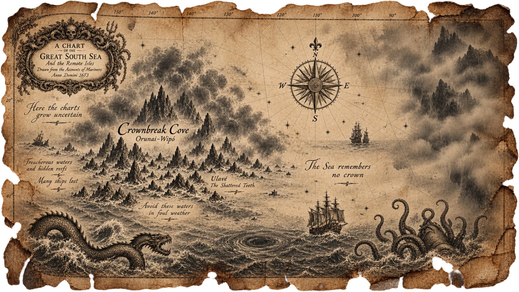 A worn mariner’s chart of Crownbreak Cove and Orunai-Wipó, with burned and torn parchment edges, black volcanic islands, Ulavé, swirling seas, ships, and legendary sea creatures