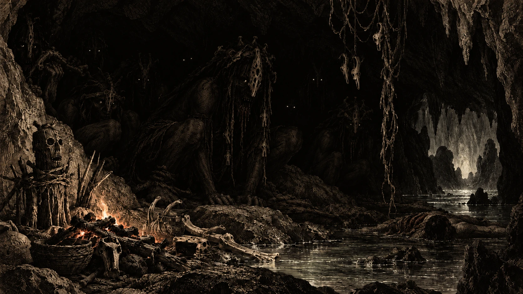 An ominous engraved interpretation of masked figures lurking in Ulavé’s shadowed cavern, with bones, firelight and dark waters