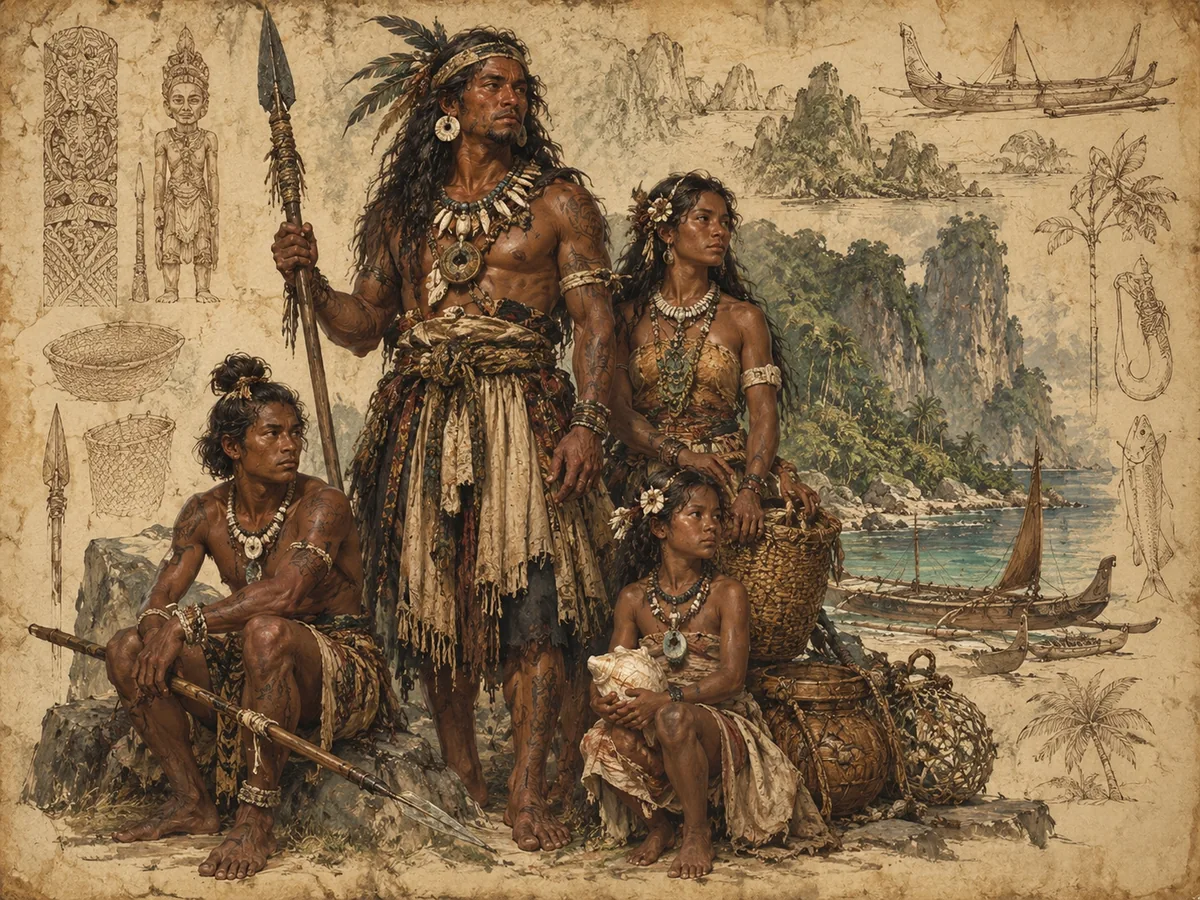 Aruwai islanders gathered on their ancestral shore among canoes and fishing gear