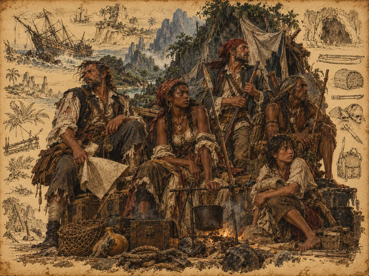 Castaways and fugitives at an improvised camp beside a remote island shore