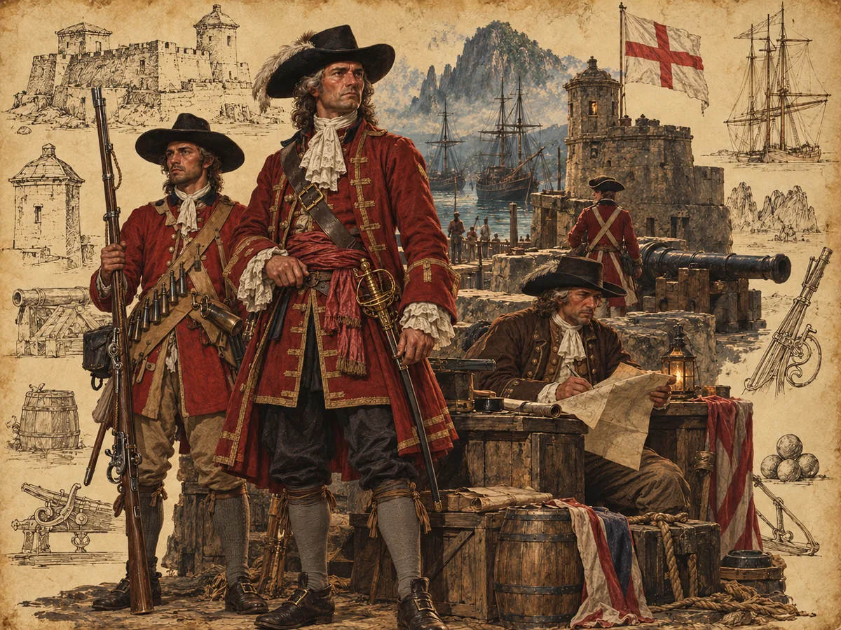 English Restoration-era garrison soldiers and an officer before Fort Greywatch