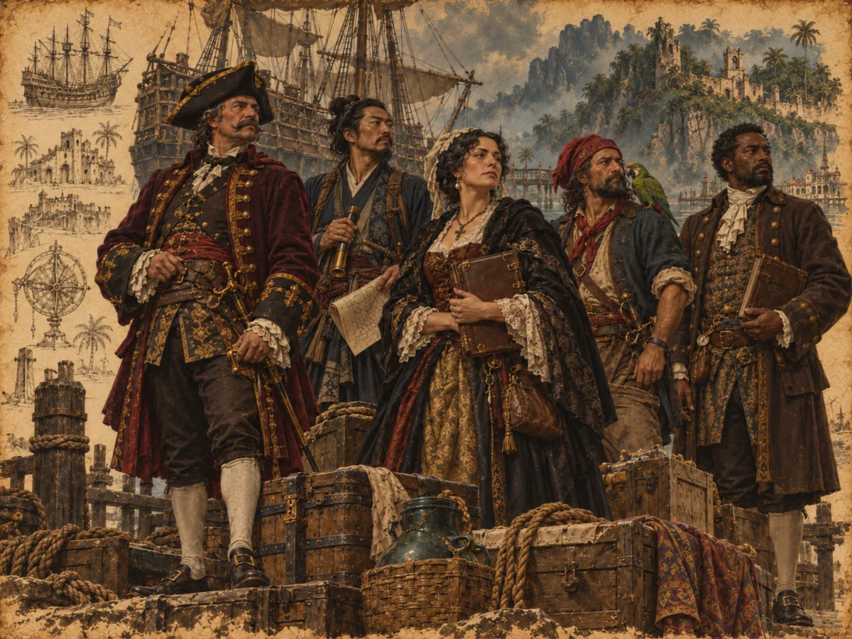 Foreign merchants and navigators with a female trader at the colonial docks