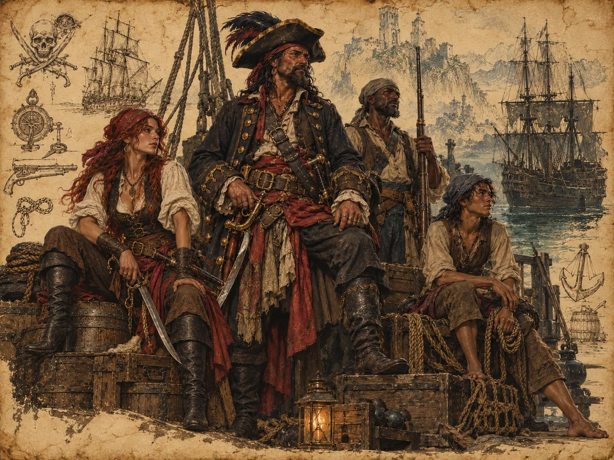 Pirates and mariners gathered aboard ship, beside rigging and sea chests