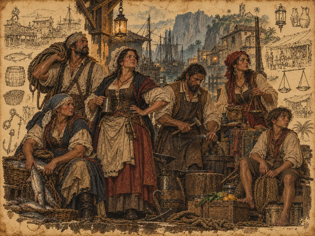 Diverse townsfolk gathering with fish, cargo, and market tools in Crownbreak