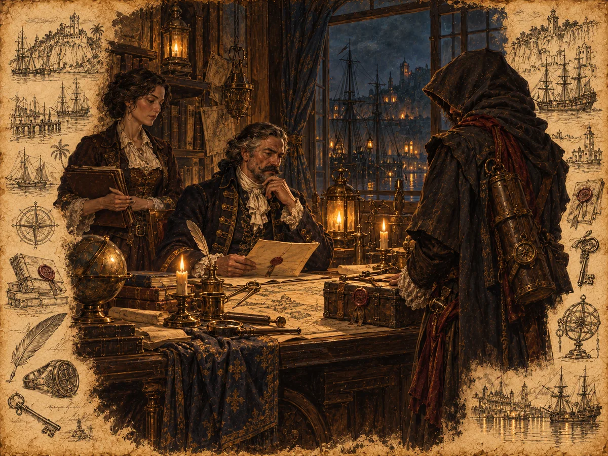 A mysterious historical meeting at a candlelit chart table