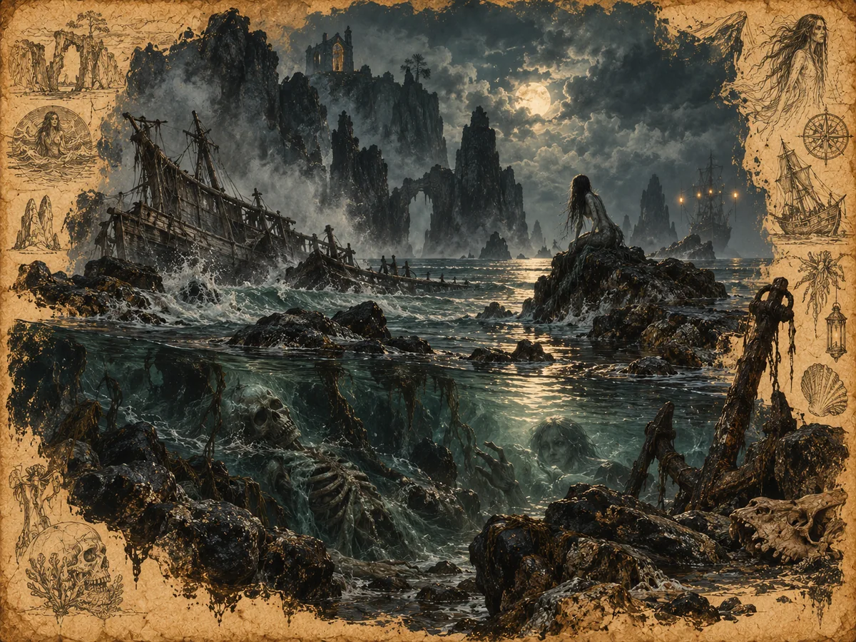 Eerie moonlit water with a ghostly sailor and a figure on the reefs