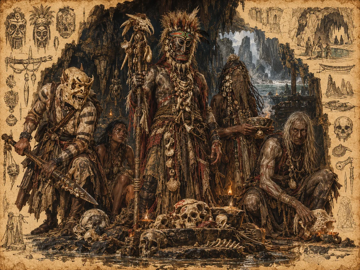 Varkuró cavern inhabitants wearing disturbing bone masks and ceremonial garments